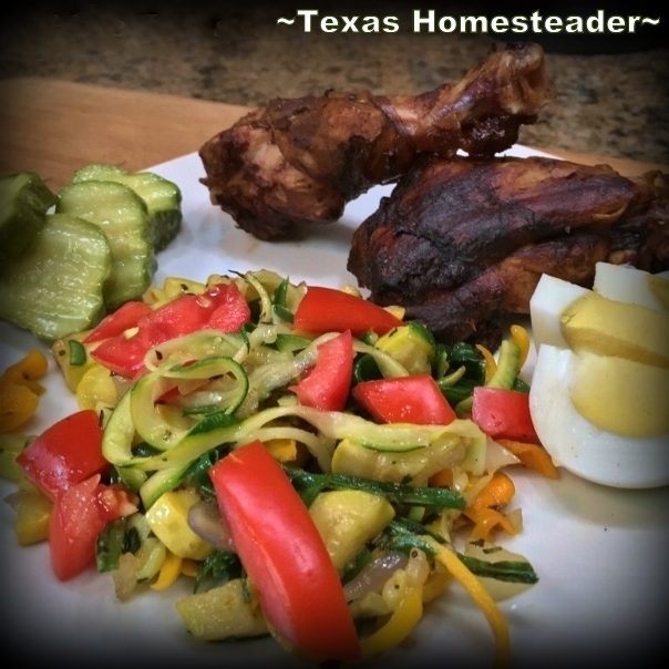 Healthy Garden Zoodle Side Dish using squash and zucchini. Veggetti got the highest recommendations from my FB followers. So I bought one to make low-carb noodles 'Zoodles'. See how I make 'em! #TexasHomesteader