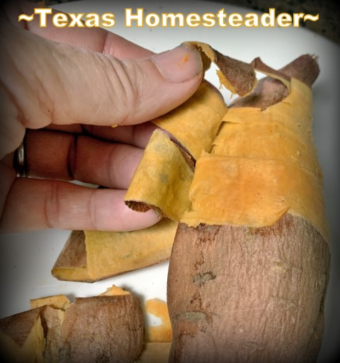 I use a microwave cooking & peeling shortcut when making sweet potato brownies. #TexasHomesteader