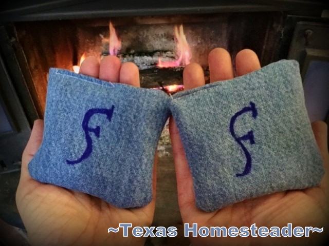 These repurposed denim pocket hand warmers are filled with rice and stay warm 20-30 minutes. #TexasHomesteader