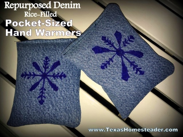 Repurposed denim pocket sized hand warmers with snowflake design filled with raw rice. #TexasHomesteader