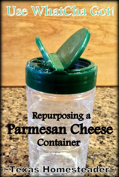 I place a repurposed parmesan cheese lid on a standard 1/2-pint canning jar. See how it simplifies my life in the kitchen. #TexasHomesteader