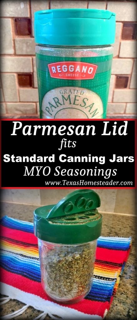 I place a repurposed parmesan cheese lid on a standard 1/2-pint canning jar. See how it simplifies my life in the kitchen. #TexasHomesteader