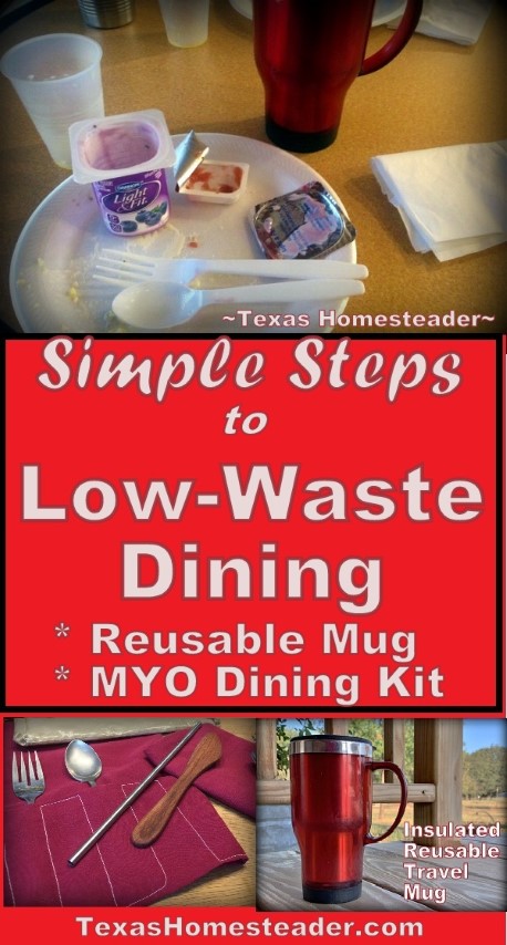 Low waste dining - reusable mug and easy MYO dining kit including napkin, utensils and straw. #TexasHomesteader