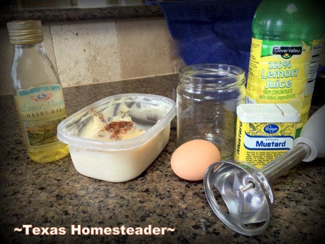 Bacon-flavored mayonnaise ingredients. Bacon greas, oil, egg, dry mustard and lemon juice. I've made our mayonnaise homemade for a long time but recently got to thinking... BACON! Now I almost always make Baconnaise! #TexasHomesteader