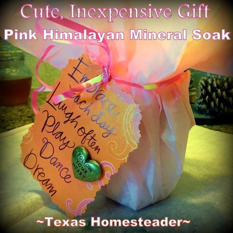 A cute, thoughtful gift doesn't have to break the bank. See how I made up several cute, inexpensive Himalayan Pink Bath Salt gifts. #TexasHomesteader
