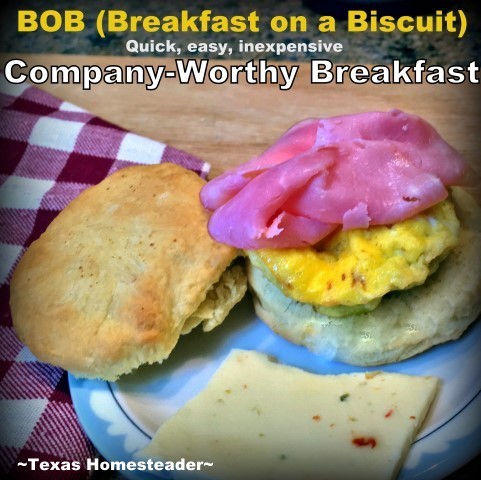 BOB, or Breakfast on a Biscuit - is a quick company-worthy breakfast of scrambled eggs, thinly-sliced ham & cheese on a biscuit. #TexasHomesteader