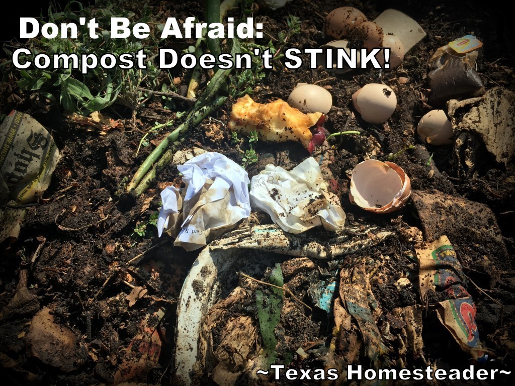 Compost doesn't stink. Composting is easy to do at home as long as you're mindful of the greens/browns balance. Come see how we make our own black gold! #TexasHomesteader