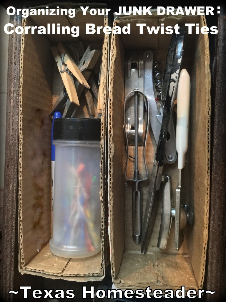 Is your junk drawer cluttered? What to do with all those plastic-coated bread twist ties? Check out this easy storage solution #TexasHomesteader