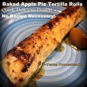 Apple pie filling is rolled into a flour tortilla, topped with cinnamon and sugar and baked for a simple homemade dessert. #TexasHomesteader