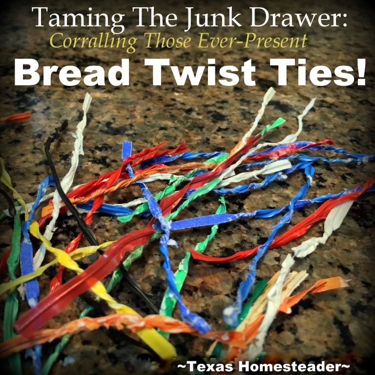 Is your junk drawer cluttered? What to do with all those plastic-coated bread twist ties? Check out this easy storage solution #TexasHomesteader