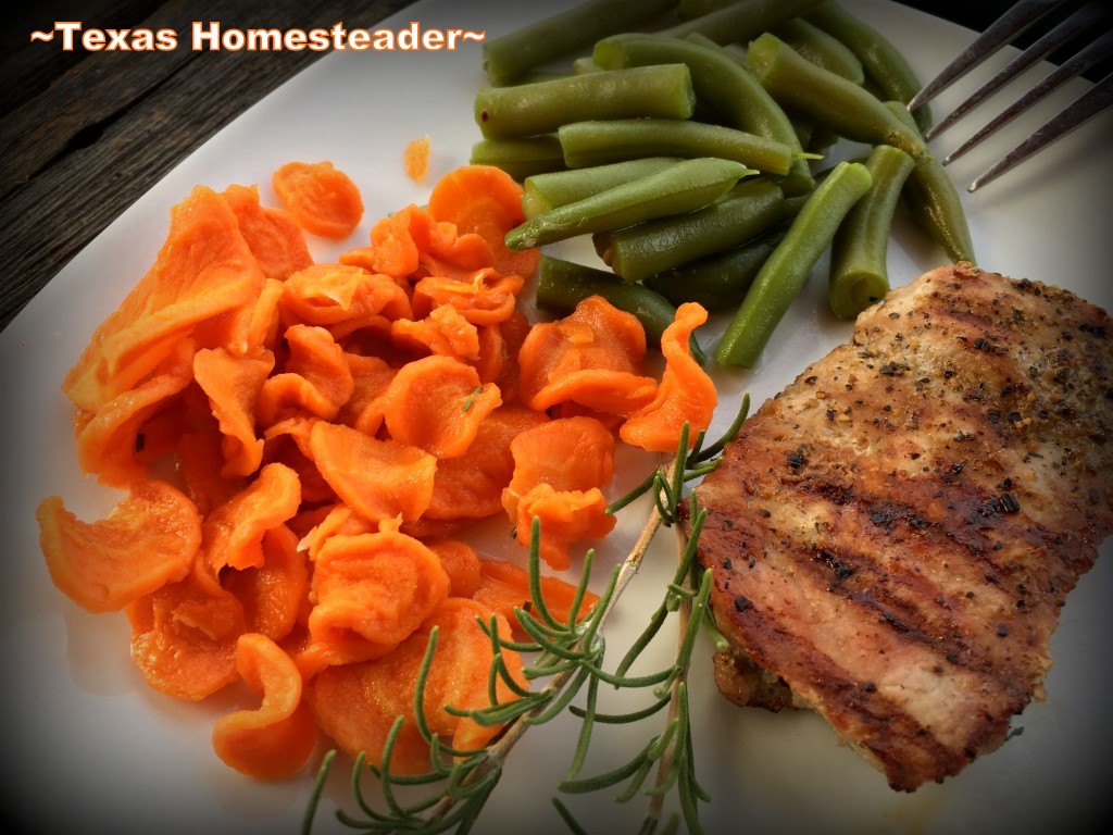 Supper plate - pork chops, green beans and carrots. #TexasHomesteader