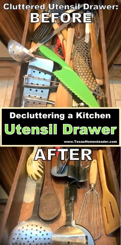 Decluttering the kitchen utensil drawer can be simple to do. Check out this easy tip. #TexasHomesteader