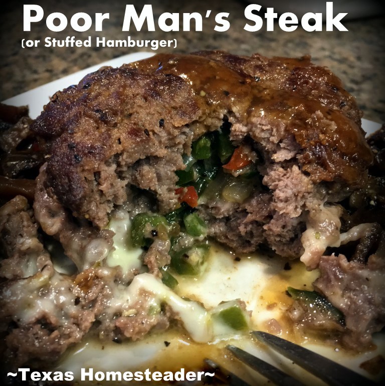 Poor-Man's Steak - a thick serving of ground meat stuffed with grilled onions & peppers along with melted cheese. It's often served on top of fried potatoes & topped with brown gravy. #TexasHomesteader