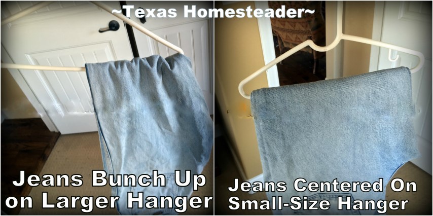 Jeans will just slide around on a regular clothes hanger. Come see how I use a child-sized hanger to keep my closet nice & tidy! #TexasHomesteader