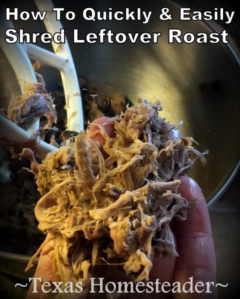 Quickly shred leftover roast. Planned Leftovers - remake leftover pork roast into a totally new dish: Carnitas Tacos. Delicious & you can make your own taco shells too! #TexasHomesteader