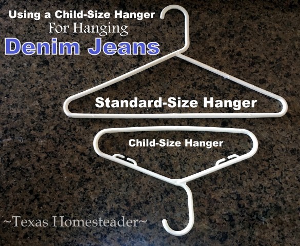 Jeans will just slide around on a regular clothes hanger. Come see how I use a child-sized hanger to keep my closet nice & tidy! #TexasHomesteader