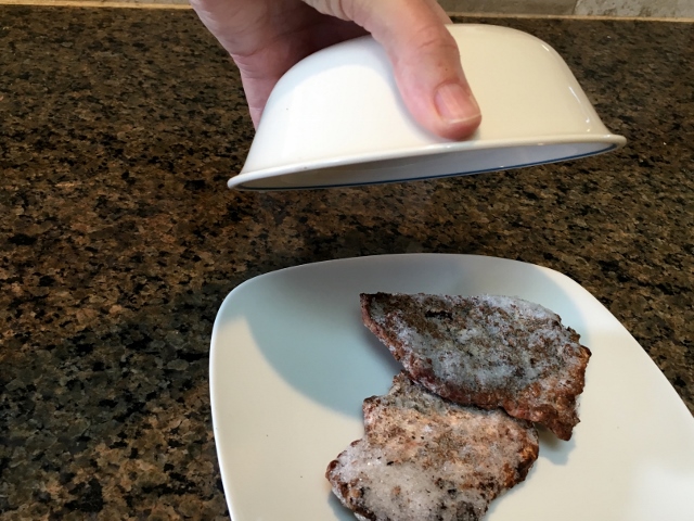 Frozen food on white square plate covered with a white bowl to thaw. #TexasHomesteader