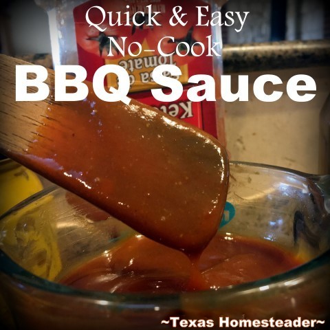 Mix-n-Pour Homemade no-cook BBQ Sauce. A simple no-cook BBQ sauce for pulled pork BBQ sandwiches that can be mixed in minutes. This recipe's easy with basic ingredients from the fridge. #TexasHomesteader