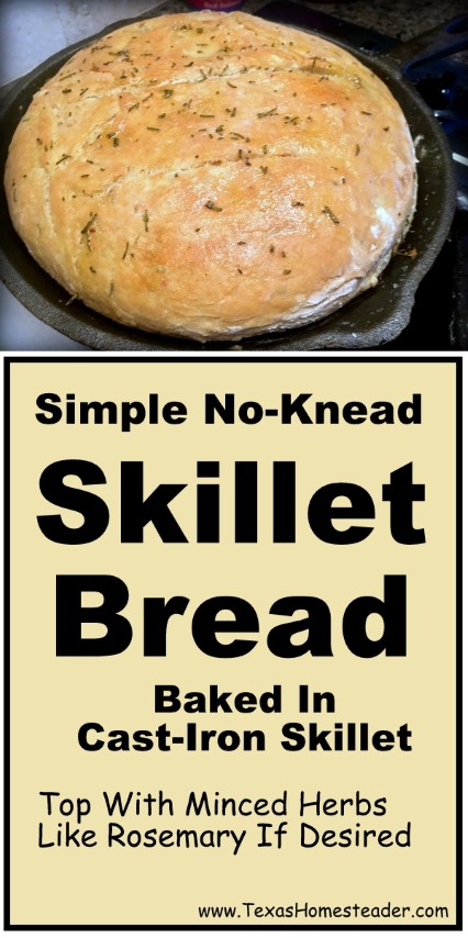 This Easy Rosemary Skillet Bread Recipe is delicious no-knead bread baked in a cast iron skillet & seasoned with fresh rosemary. #TexasHomesteader