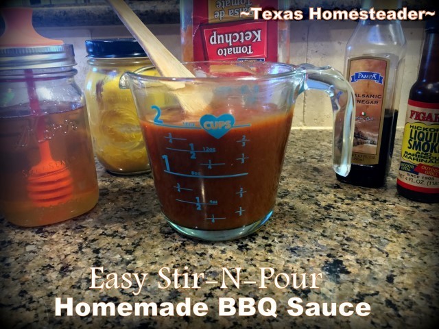 Mix-n-Pour homemade no-cook BBQ Sauce. A simple no-cook BBQ sauce for pulled pork BBQ sandwiches that can be mixed in minutes. This recipe's easy with basic ingredients from the fridge. #TexasHomesteader
