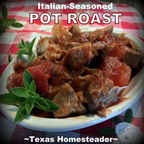 Italian Flavored Pot Roast Recipe. Chunk a few simple ingredients into a slow cooker and then sit back & wait for supper to be cooked for you! #TexasHomesteader