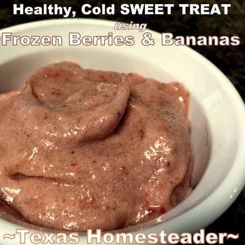 Now that it's hot outside I whip up a frozen sweet treat. It's like healthier ice cream using frozen bananas and berries. Delicious, cheap and healthy. #TexasHomesteader