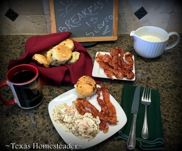 I treated RancherMan to a hearty breakfast of Homemade biscuits, eggs, bacon and gravy. Good grief - how did our grandmothers do it?? #TexasHomesteader