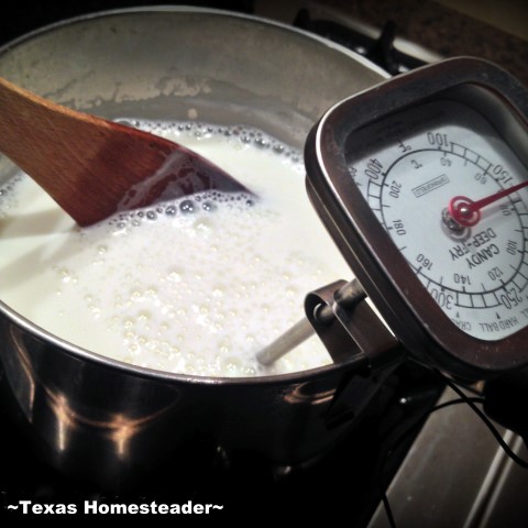 Heating milk on the stovetop for homemade yogurt. #TexasHomesteader