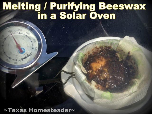 https://texashomesteader.com/wp-content/uploads/2018/07/Purifying-Beeswax-Solar-Oven-paper-filter-TxHomesteader.jpg