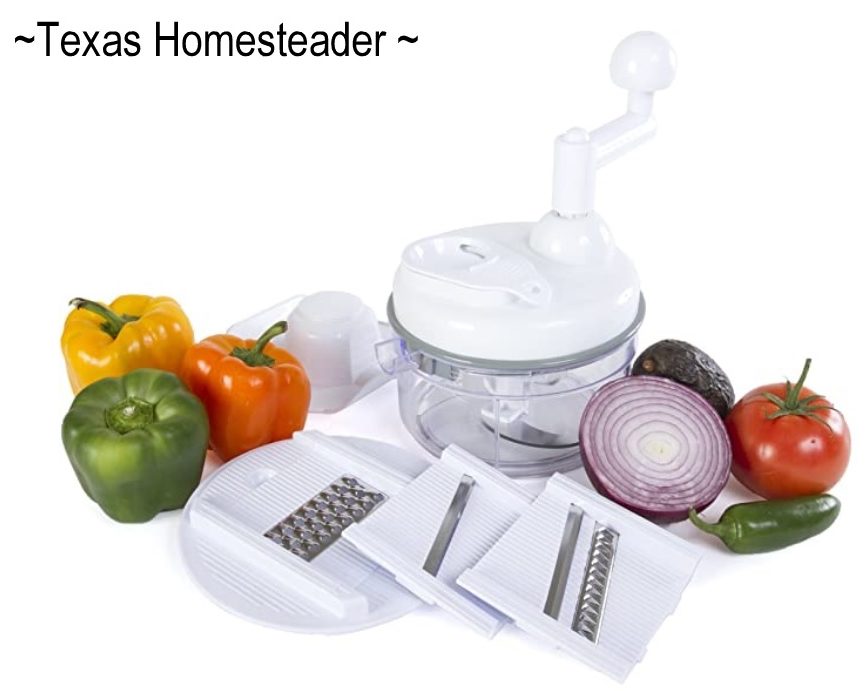 Food chopper with special rounded blade quickly chops onions, peppers and more finely enough even for pico de gallo. #TexasHomesteader