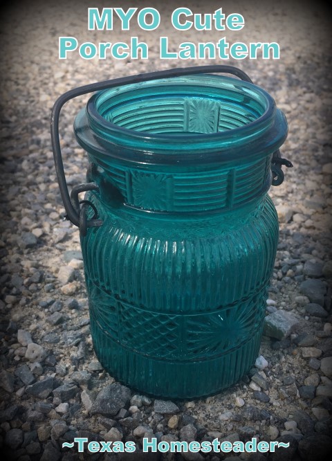 I used an old broken flip-top jar, some gravel and a small votive candle to make the cutest porch lantern ever. Come see! #TexasHomesteader