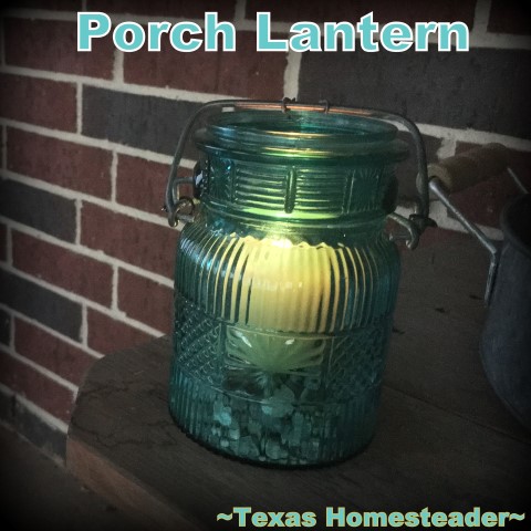 I used an old broken flip-top jar, some gravel and a small votive candle to make the cutest porch lantern ever. Come see! #TexasHomesteader
