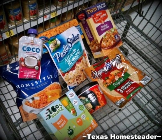Prepackaged convenience or junk food in grocery store shopping cart. #TexasHomesteader