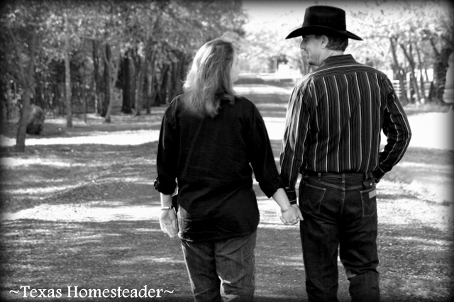 Keeping relationships strong: Soulmates strolling down country road holding hands. #TexasHomesteader