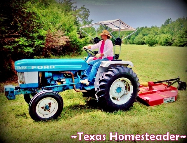 Tractor Work blue Ford tractor mowing pasture. #TexasHomesteader