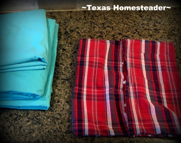 I made some cute decorative throw pillows for our guest bedroom from repurposed flannel shirts. And they store our spare sheets! #TexasHomesteader