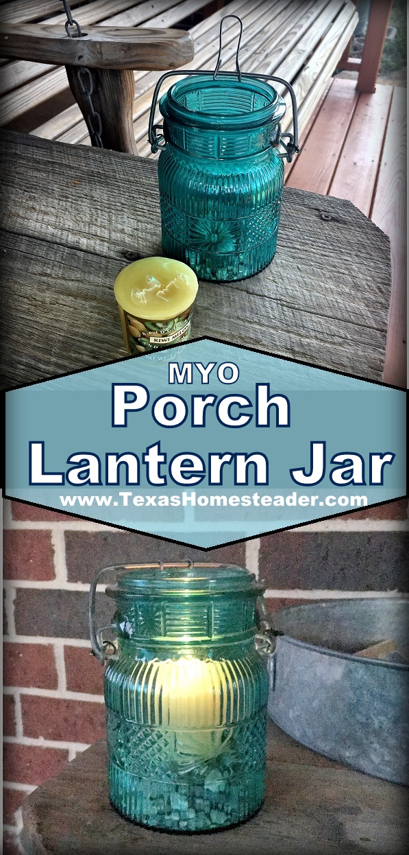 I used an old broken flip-top bail-top jar, some gravel and a small votive candle to make the cutest porch lantern ever. Come see! #TexasHomesteader