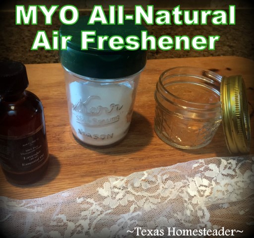 I don't want artificial air fresheners & scented candles in our home. So I easily made my own air freshener with baking soda, essential oil, a repurposed canning jar & leftover lace #TexasHomesteader
