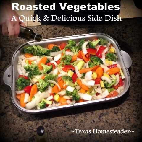 Roasted Vegetables are a quick & easy healthy dish. Just chop the veggies, add salt & pepper, coat with olive oil & roast until done! #TexasHomesteader