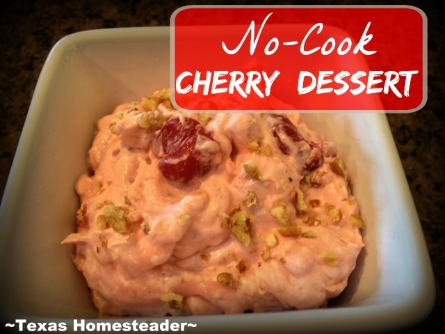 Quick & Easy NO-COOK CHERRY DESSERT - This tasty dessert uses pie filling, cool whip, crushed pineapple, sweetened condensed milk and cream cheese! #TexasHomesteader