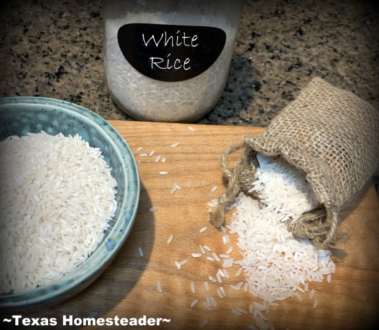 Long grain white rice in reusable glass canning jar and burlap bag. 