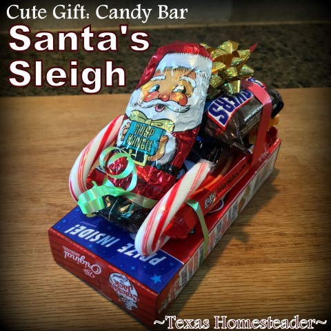 You can make a cute Santa sleigh using candy canes and candy bars. A cute gift for kids, teachers, or anyone else! #TexasHomesteader