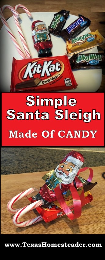 Simple Christmas Santa sleigh made of candy - KitKat, candy bars, candy canes #TexasHomesteader