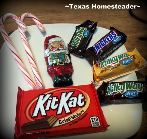 Candy Santa's Sleigh candy parts. You can make a cute Santa sleigh using candy canes and candy bars. A cute gift for kids, teachers, or anyone else! #TexasHomesteader