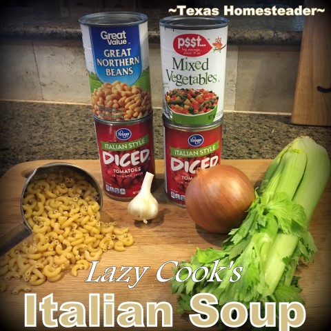 Lazy-Cook's Italian-Flavored soup. Just cook ground meat, onions & noodles. Dump it all in a soup pot with cans of vegetables. EASY! #TexasHomesteader