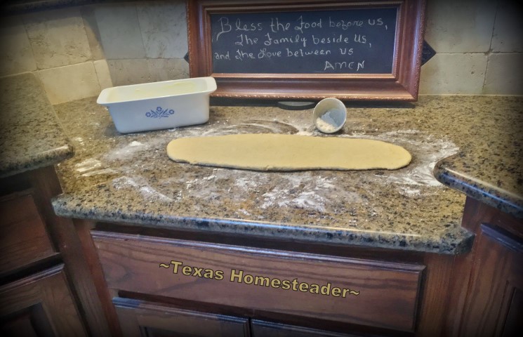 Bread dough. My favorite feature in my homestead kitchen is my drop-level countertop. It makes the task of kneading bread so much easier! #TexasHomesteader