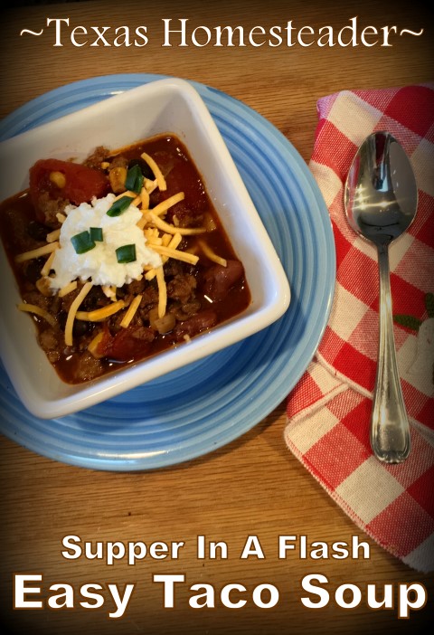 Quick & Easy Taco Soup. Just brown the meat with chopped onions & then dump in a slow cooker with different cans of food. Heat & eat! #TexasHomesteader