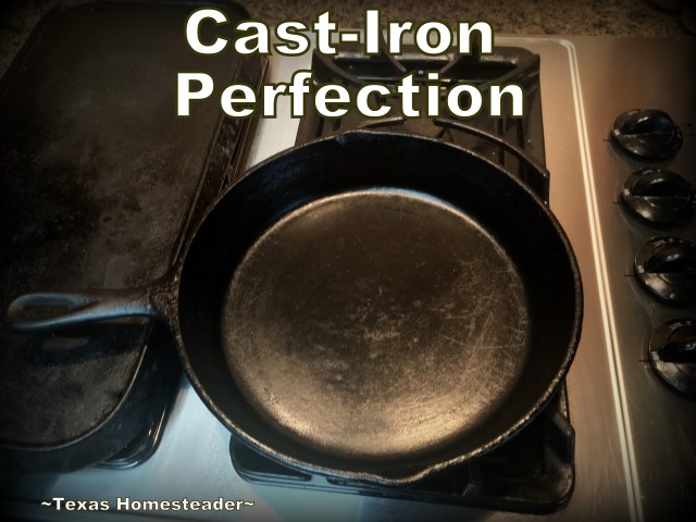 Beautifully seasoned cast-iron skillet. Stuck-on food frustrating you while cleaning your cast-iron skillet? I've found an EASY way to get it clean. Check out my lazy-cook's method! #TexasHomesteader