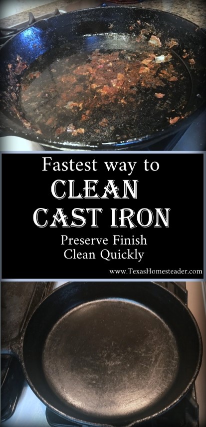 Cast iron cleaning is a little different than other surfaces, but it's not hard. Come see my kitchen hack to clean off any stuck-on food easily. #TexasHomesteader