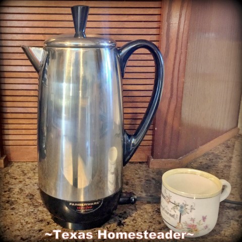 Our vintage percolator makes a delicious low-waste cup of hot coffee! #TexasHomesteader